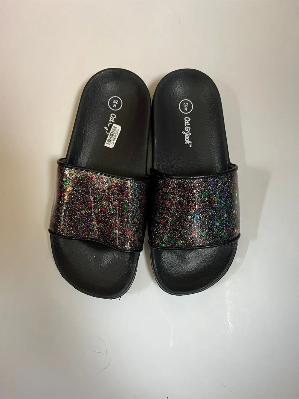 Cat & Jack Black Slide Sandals with Multicolor Glitter Strap
